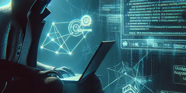 神秘的无性别人物坐在昏暗混乱的房间里，专注于发光的电脑屏幕。