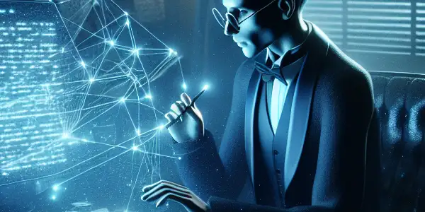 一个神秘的无性别人物坐在混乱的桌子前，专注于发光的电脑屏幕。