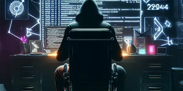 一个神秘的非二元角色坐在昏暗混乱的房间，专注于发光的电脑屏幕。