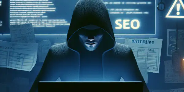 一个神秘的无性别角色专注于发光的电脑屏幕，周围环境混乱，暗示不道德的SEO行为。