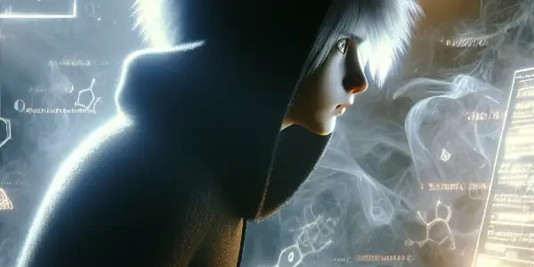 一个神秘角色专注于发光的电脑屏幕，周围是杂乱的纸张和警告符号。