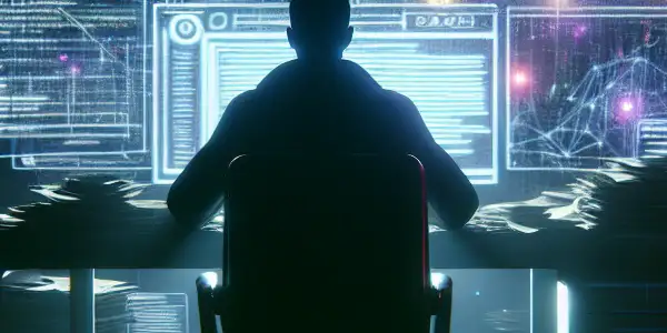 神秘人物坐在昏暗房间的杂乱桌子前，专注于发光的电脑屏幕。