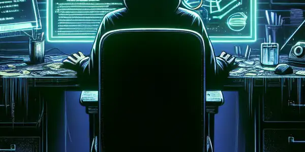 一个神秘的中性人物坐在昏暗房间的杂乱桌子前，专注于发光的电脑屏幕。