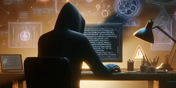 一位非二元性别角色坐在昏暗房间的杂乱桌子前，专注于发光的电脑屏幕。