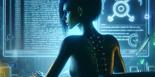 一个神秘的无性别角色坐在昏暗房间的杂乱桌子前，专注于发光的电脑屏幕。