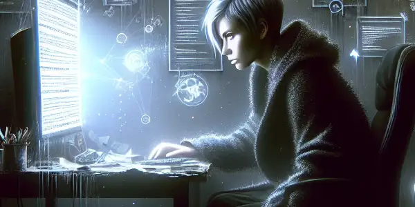 一个神秘的角色坐在杂乱的桌子前，专注于发光的电脑屏幕，周围环境混乱。