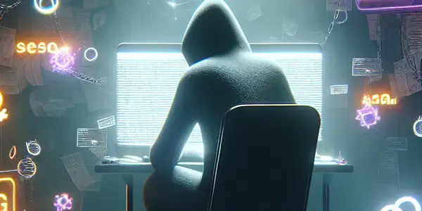 一个神秘的无性别角色专注于发光的电脑屏幕，周围是杂乱的房间和黑帽SEO相关符号。
