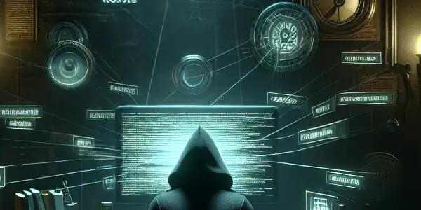 神秘的中性人物坐在杂乱的桌子前，专注于发光的电脑屏幕，周围散落着与黑帽SEO相关的纸张。