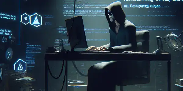 一个神秘的房间，中心是一个专注的中性人物，面前是发光的电脑屏幕，周围散落着与黑帽SEO相关的文件。