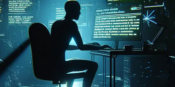 阴暗房间中的神秘无性别人物，电脑屏幕发出绿光，周围散落黑帽SEO文档。