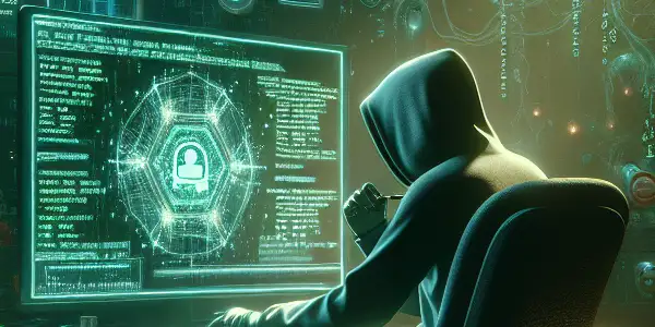 神秘的非二元角色坐在昏暗房间的杂乱桌前，专注于发光的电脑屏幕。