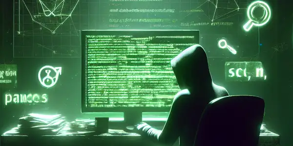 一个性别中立的角色坐在杂乱的桌子前，专注于发出绿色光芒的电脑屏幕。