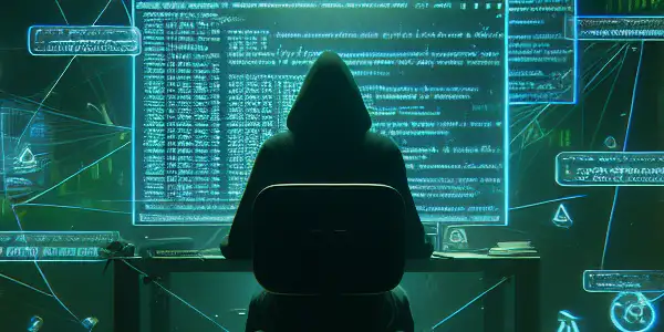 一个神秘的角色在昏暗杂乱的房间内专注于黑帽SEO，电脑屏幕闪烁复杂算法与暗网符号。