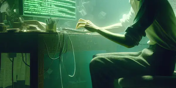 一个神秘的无性别人物在杂乱的桌子前专注于发光的电脑屏幕，周围散落着SEO相关文件。