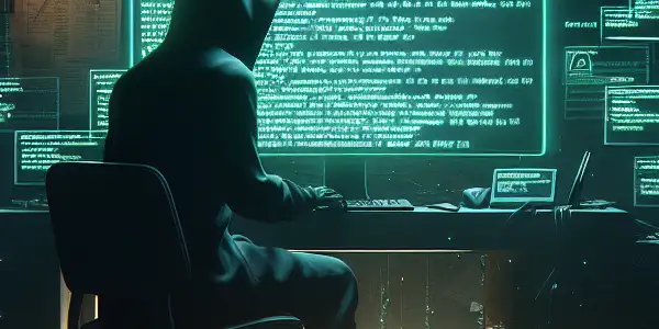 一个神秘的无性别角色在昏暗的房间中专注于发出绿色光芒的电脑屏幕，周围散落着与SEO相关的文件。