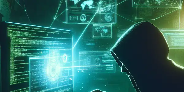 一个神秘的非二元人物专注于发光的电脑屏幕，周围是混乱的黑帽SEO文件。