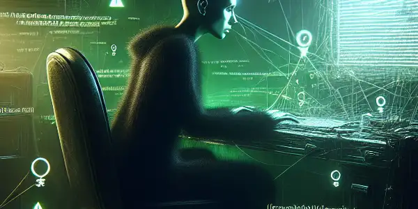 一位神秘的无性别人物坐在昏暗房间的杂乱桌前，专注于发光的电脑屏幕。