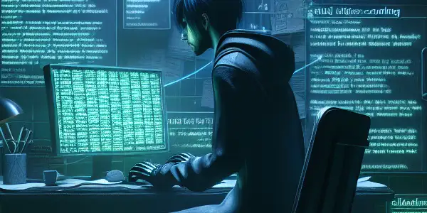 一个神秘的性别中立人物坐在昏暗房间的杂乱桌子前，专注于发出绿色光芒的电脑屏幕。