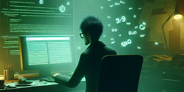 一个神秘的性别中立人物坐在杂乱的桌子前，专注于发出绿色光芒的电脑屏幕。