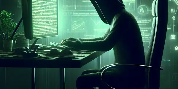 一个神秘的中性人物坐在昏暗房间的杂乱书桌前，专注于发出绿色光芒的电脑屏幕。