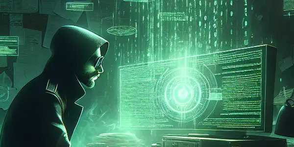 神秘的无性别人物坐在昏暗房间的杂乱桌前，专注于发出绿色光芒的电脑屏幕。