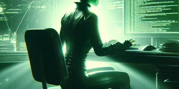 神秘的无性别人物坐在昏暗房间的杂乱桌前，专注于发出绿色光芒的电脑屏幕。