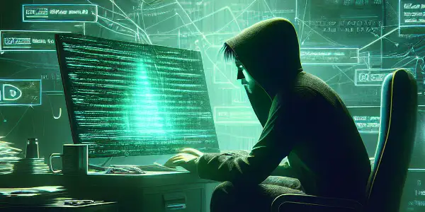 一个性别中立的角色坐在昏暗凌乱的房间里，专注于发出绿色光芒的电脑屏幕。