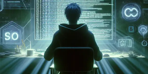 神秘的无性别人物坐在昏暗杂乱的房间，专注于发光的电脑屏幕。