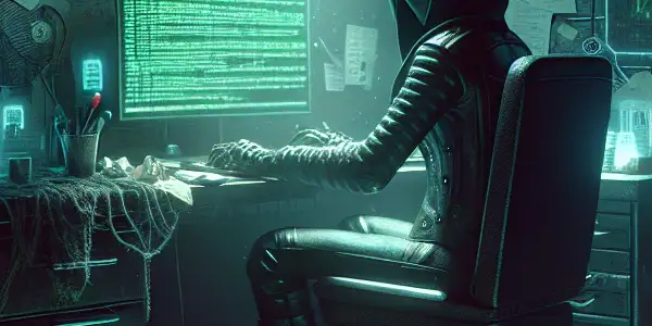 一个神秘的无性别角色坐在昏暗房间的杂乱桌子前，专注于发出绿色光芒的电脑屏幕。