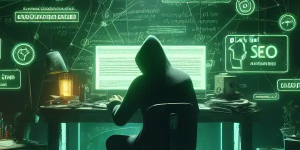 一个神秘的无性别人物坐在杂乱的桌子前，周围充满黑帽SEO的警告和阴影。