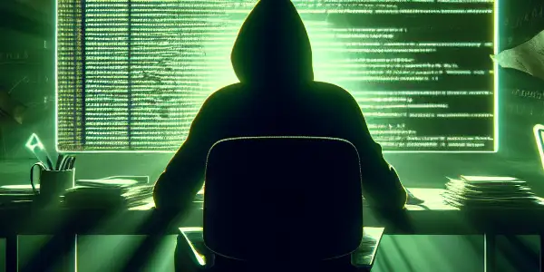 一个非二元性别者坐在昏暗房间的杂乱桌前，专注于发出绿色光芒的电脑屏幕。