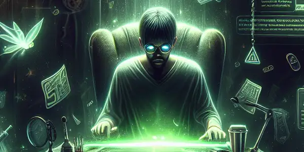 神秘人物坐在昏暗房间的杂乱书桌前，专注于发出绿色光芒的电脑屏幕。