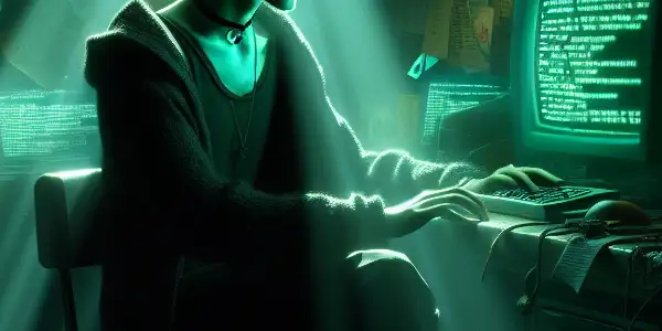 神秘的无性别角色坐在昏暗房间的杂乱桌前，专注于发出绿色光芒的电脑屏幕。