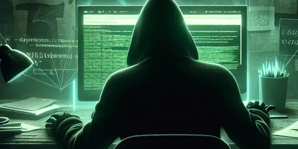 一个非二元性别者坐在昏暗房间的杂乱桌前，专注于发出绿色光芒的电脑屏幕。