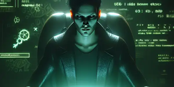 一个神秘的无性别人物坐在昏暗房间的杂乱桌前，专注于发出绿色光芒的电脑屏幕。