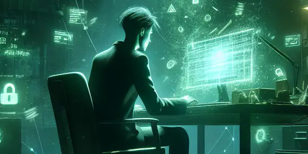 神秘人物坐在杂乱的桌子前，专注于发出绿色光芒的电脑屏幕。