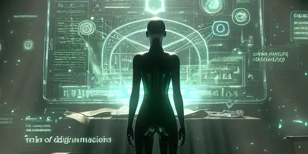 一个神秘的无性别人物专注于发出绿色光芒的电脑屏幕，周围散落着SEO文档和危险警告。