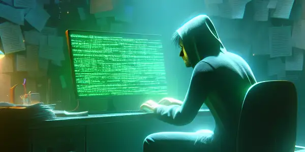 一个神秘的非二元角色专注于发光的电脑屏幕，周围是混乱的房间和散落的文件。