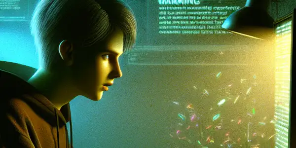 一个非二元角色坐在昏暗房间的杂乱桌子前，专注于发出绿色光芒的电脑屏幕。