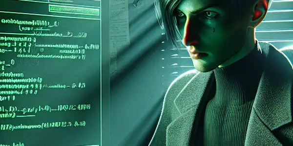 神秘的非二元角色坐在昏暗房间的杂乱桌子前，专注于发光的绿色电脑屏幕。