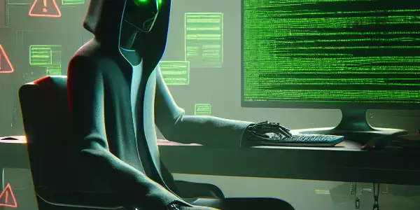 神秘的非二元角色坐在昏暗房间的杂乱桌前，专注于发出绿色光芒的电脑屏幕。