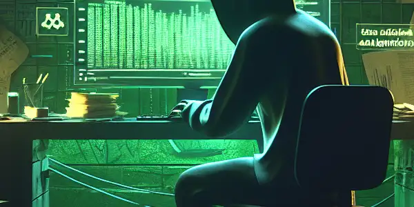 一个神秘的非二元角色坐在昏暗杂乱的房间里，专注于发光的绿色电脑屏幕。