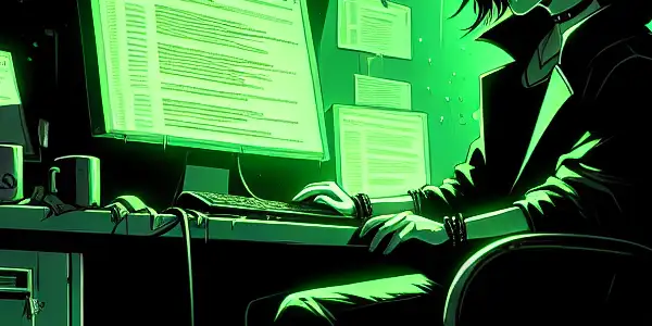 一个神秘的非二元角色坐在昏暗的房间里，专注于发光的绿色电脑屏幕。