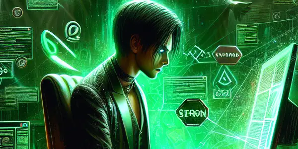 一个神秘的无性别角色坐在昏暗房间的杂乱桌前，专注于发光的绿色电脑屏幕。