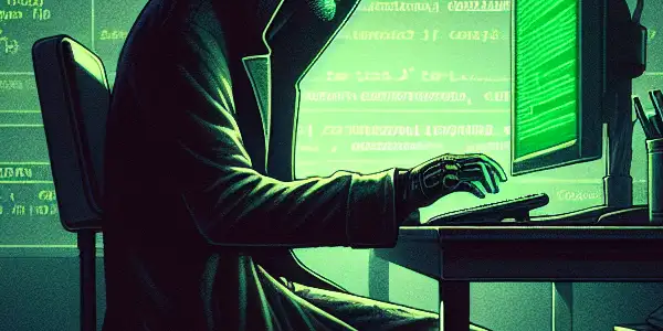 一个神秘的无性别角色坐在昏暗房间的杂乱书桌前，专注于发光的绿色电脑屏幕。