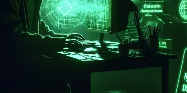 神秘的中性人物坐在昏暗房间的杂乱桌子前，专注于发光的绿色电脑屏幕。