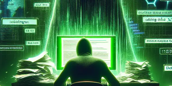 一个性别中立的人物坐在昏暗的房间里，专注于发出绿色光芒的电脑屏幕，桌上满是SEO文件和警告标志。