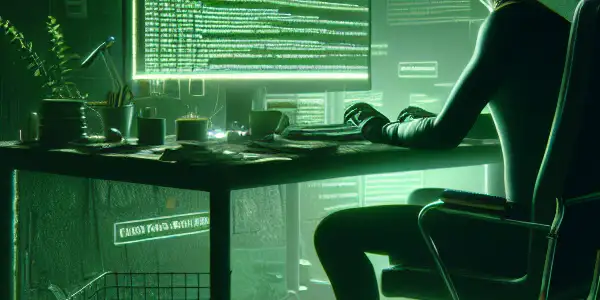 一个神秘的无性别人物坐在昏暗房间的杂乱桌子前，电脑屏幕发出 eerie 绿色光。