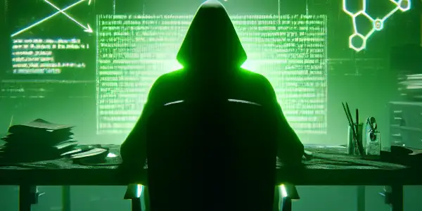 神秘角色坐在昏暗房间的杂乱桌前，专注于发出绿色光芒的电脑屏幕。