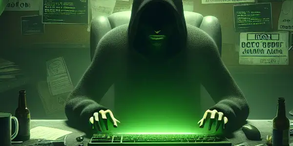 一个神秘的人物坐在昏暗的桌子前，专注于发光的绿色电脑屏幕，周围杂乱无章。